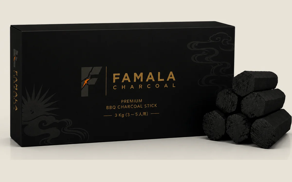 FAMALA premium BBQ charcoal stick retail box next to hexagonal charcoal sticks